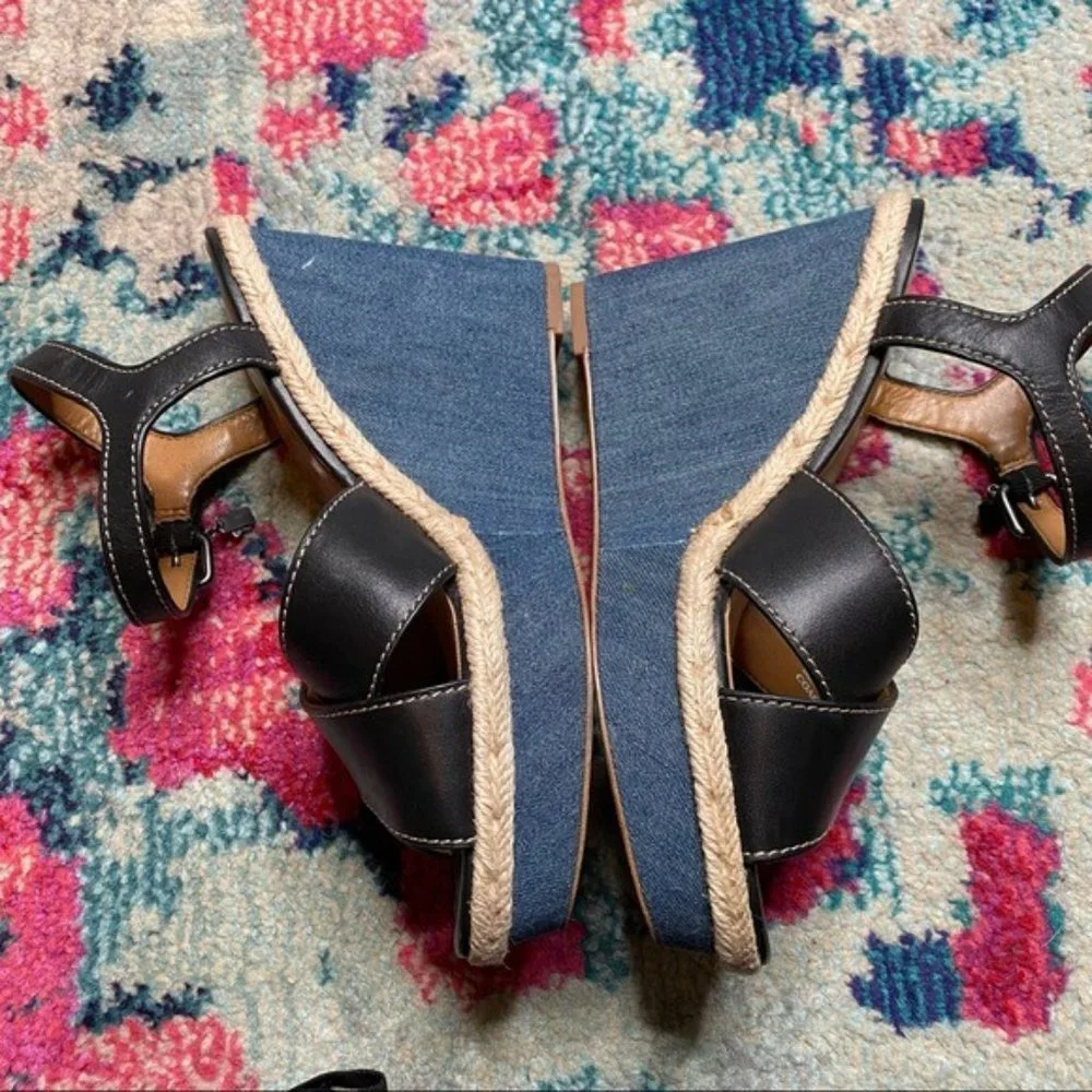 Coach Eaton Black Leather Denim Wedge Sandals Size 8.5 - Picture 8 of 13